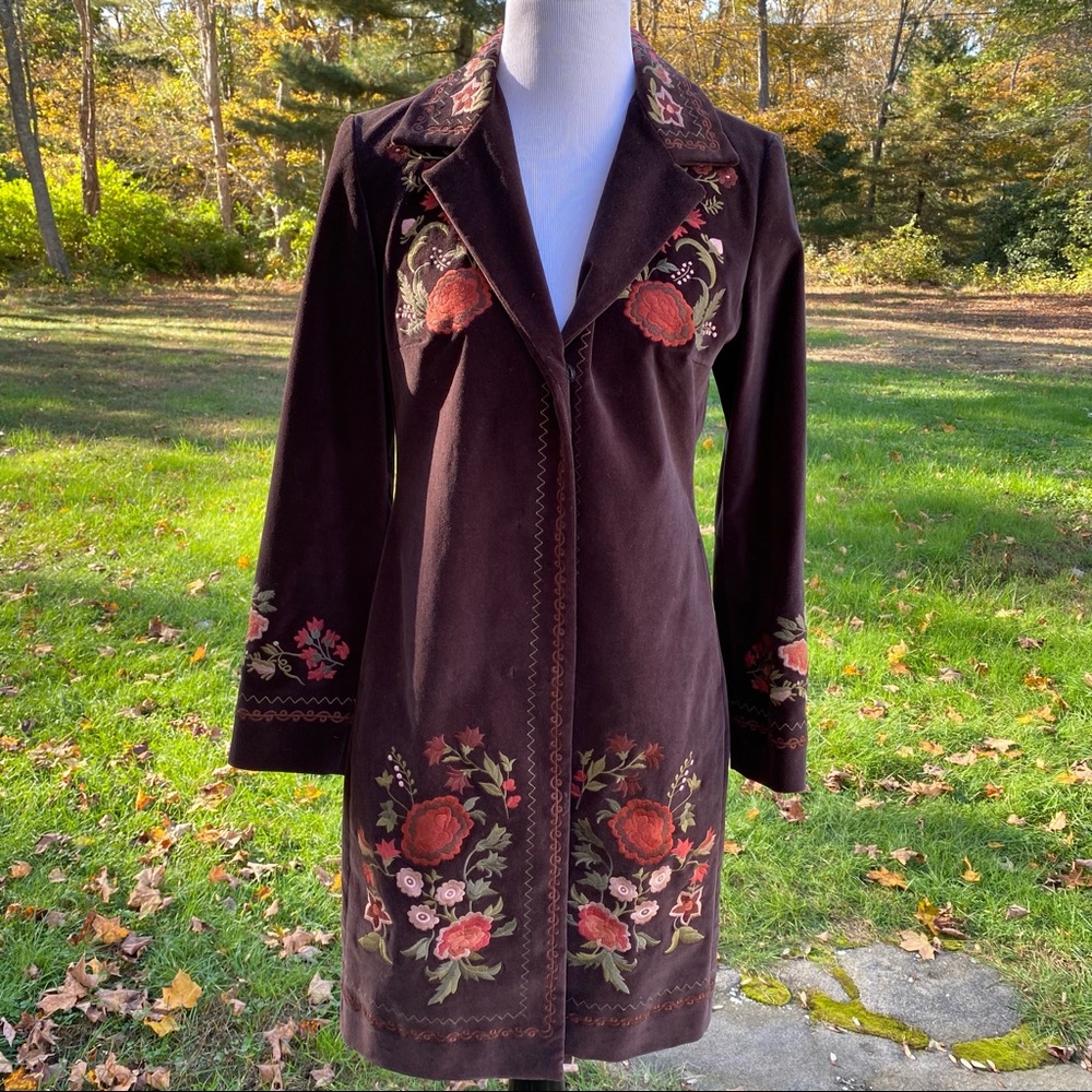 RADLEY JACKET COAT TOPPER BROWN VELVET MULTI COLOR FLORAL EMBROIDERY SIZE 6